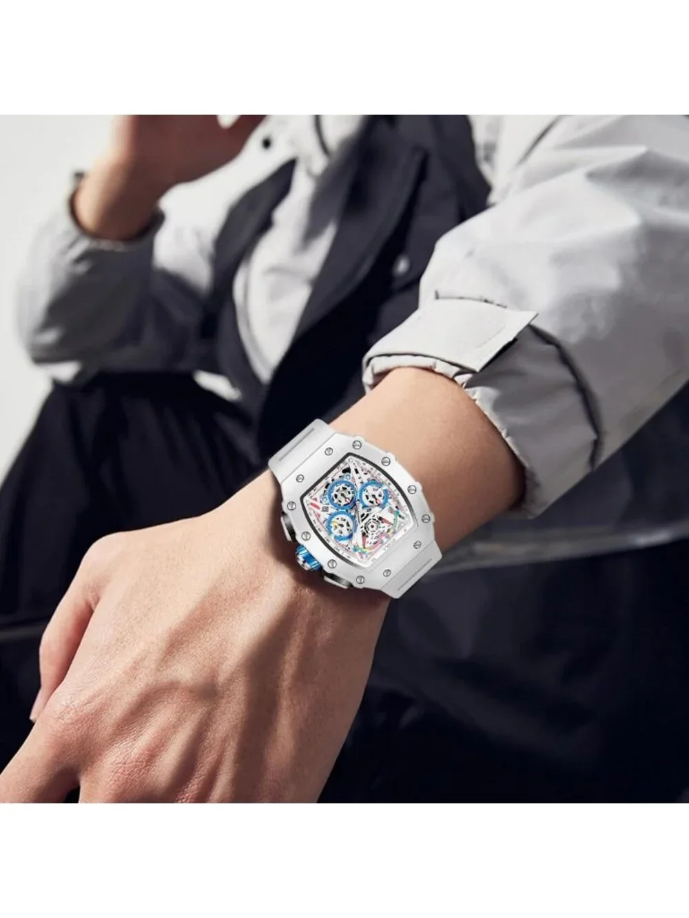 Stylish Men's Skeleton Chronograph Watch | Big Face, Silicone Strap, 30M Water